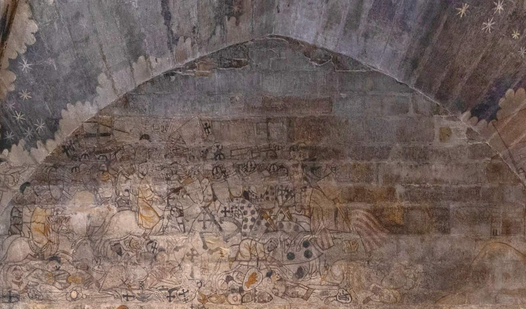 Vista general de la pintura mural gótica del Castillo de Alcañiz que José María Maestre relaciona con la muerte de Guzmán el Bueno y de los caballeros calatravos Sancho Velasco y Álvaro Luna./ Ayto. Alcañiz