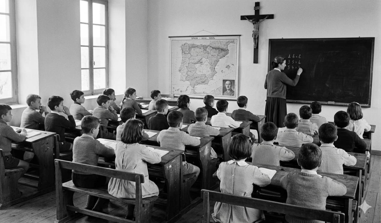 Recreación de un aula de los años 50, durante el franquismo. Imagen generada con IA Gemini.