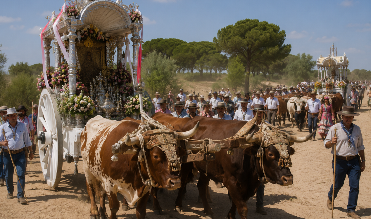 Recreación de la Romería del Rocío con bueyes tirando del carro./ IA (Google Gemini)