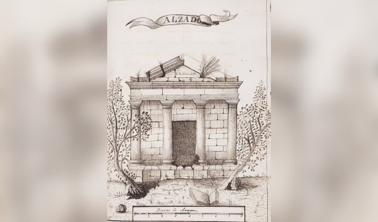 Uno de los dibujos de Evaristo Colera en su informe sobre el mausoleo de Fabara./ J.B.