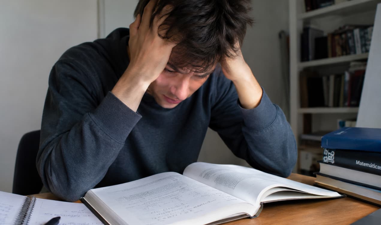 Alumno abrumado estudiando matemáticas./ IA Chat GPT
