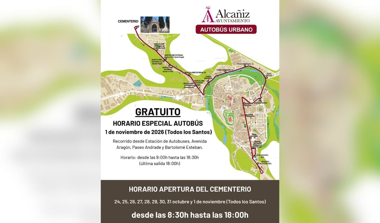 Cartel horarios autobús día de Todos Santos./ Ayto. Alcañiz